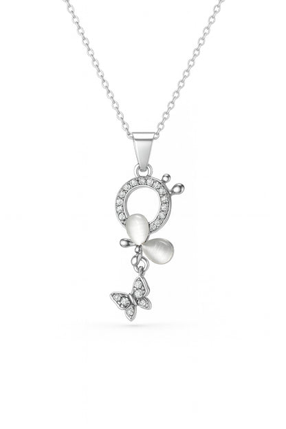 Jewello fancy silver plated floral design with white stone stud chain pendant set for women and girls.