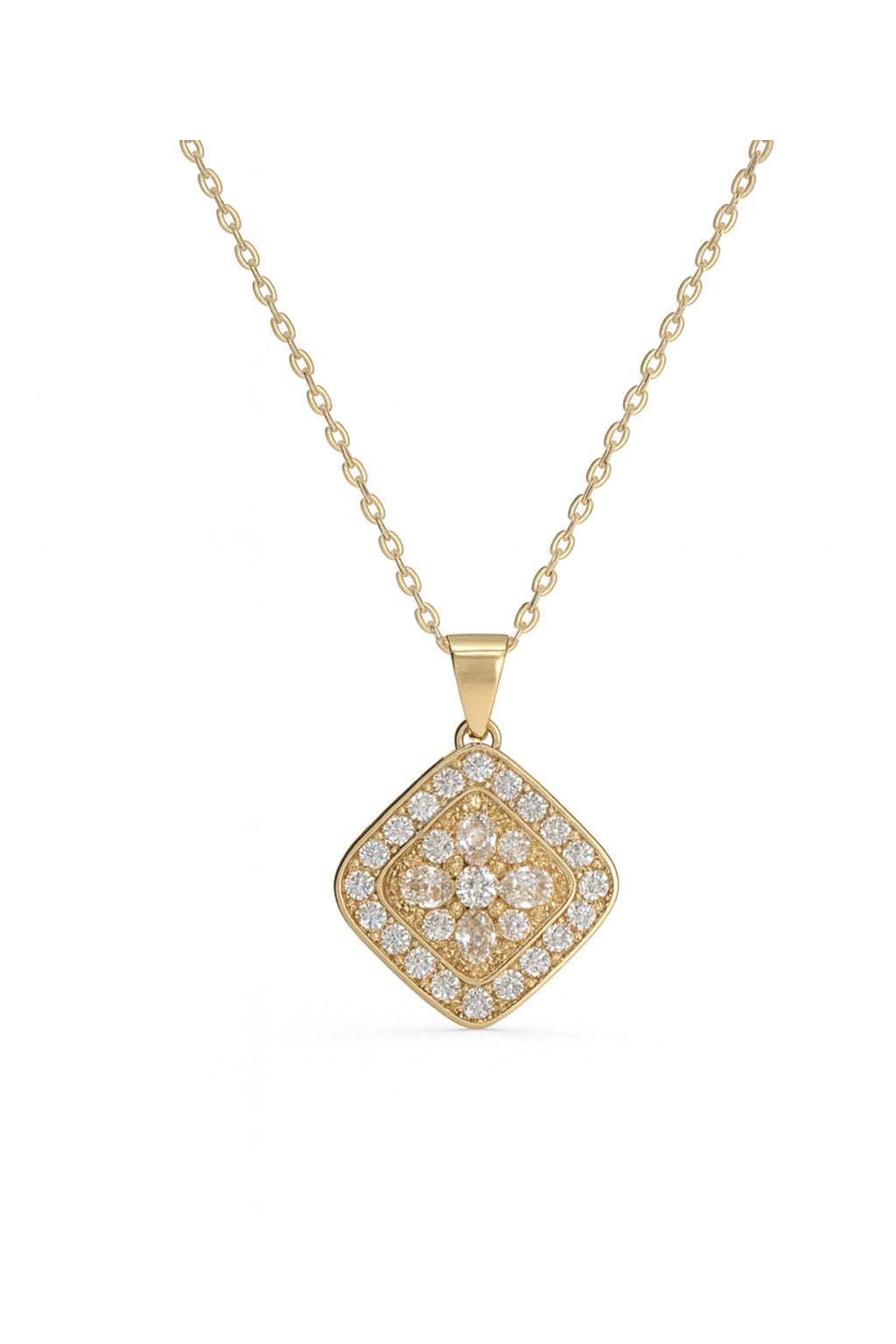Jewello delicate gold-plated square design with shimmering American diamond stud pendant chain set for women and girls.