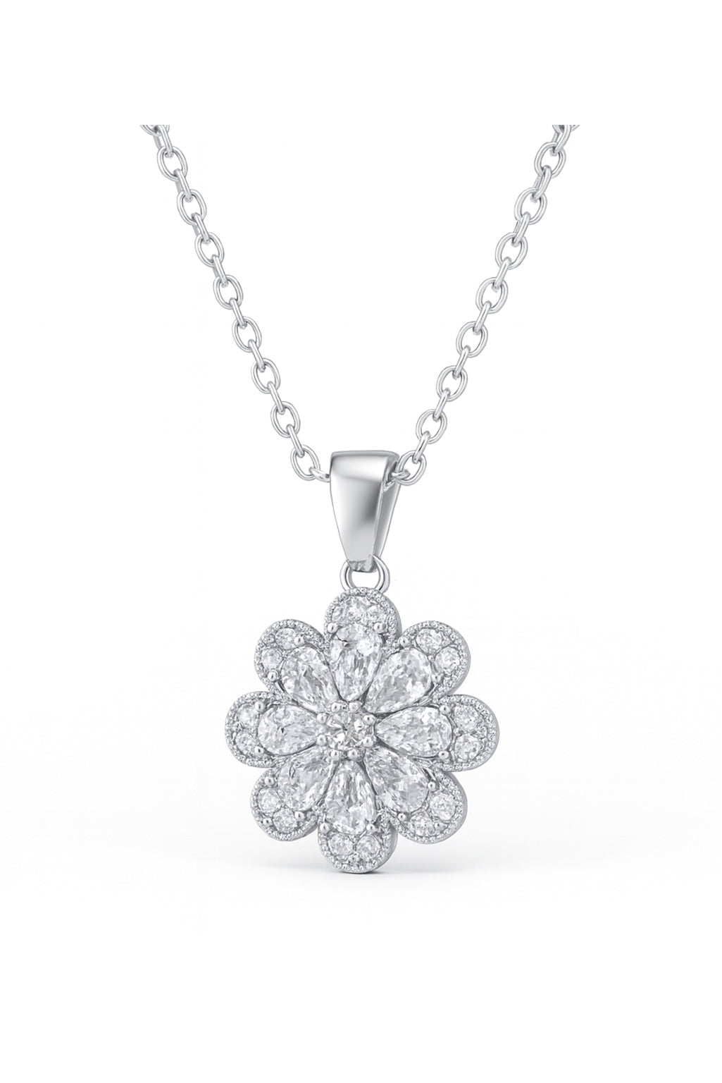 Jewello stylish silver-plated floral design with shimmering stone stud pendant chain set for women and girls.