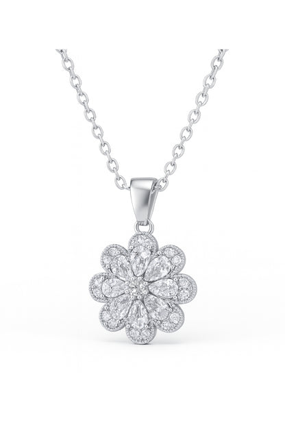 Jewello stylish silver-plated floral design with shimmering stone stud pendant chain set for women and girls.