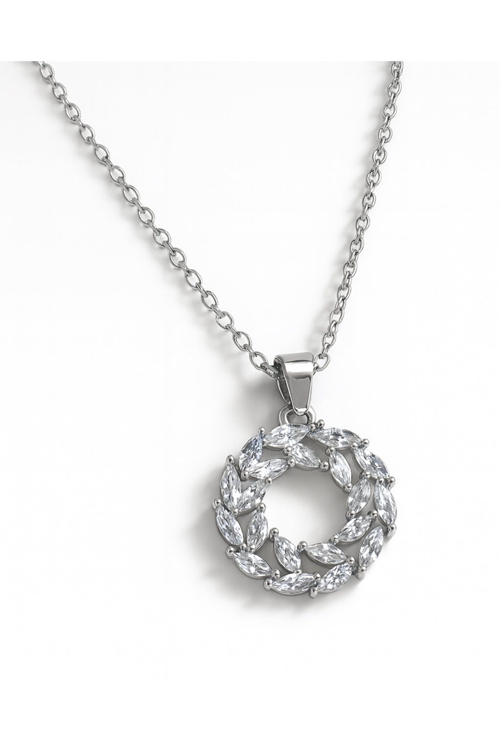Jewello Adorable silver-plated round design with shimmering white stone stud pendant chain set for women and girls.