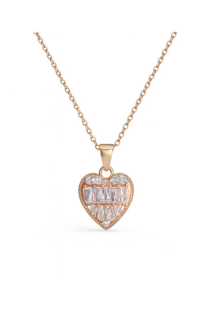 Jewello stylish rose gold-plated heart design with shimmering white stone stud pendant chain set for women and girls.