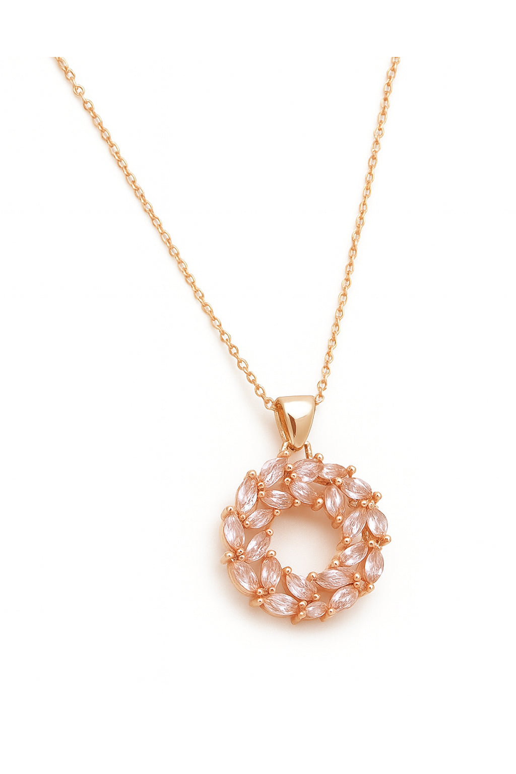Jewello delicate rose gold-plated floral design with American diamond stud chain pendant set for women and girls.