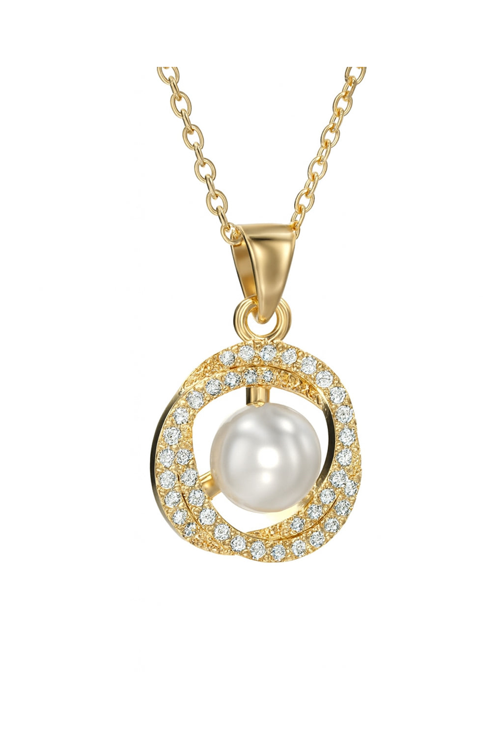 Jewello trendy gold plated and simmering white stone and pearl stud chain pendant set for women and girls.