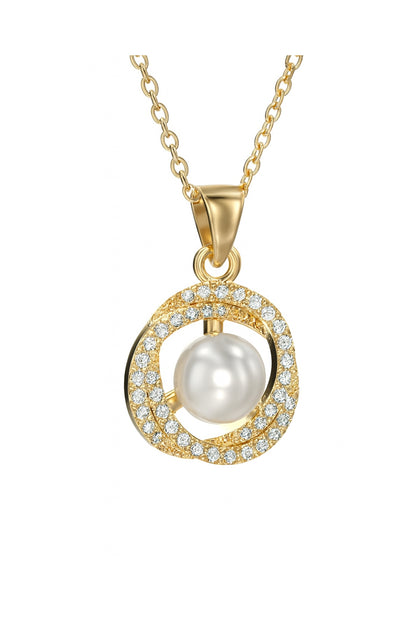 Jewello trendy gold plated and simmering white stone and pearl stud chain pendant set for women and girls.