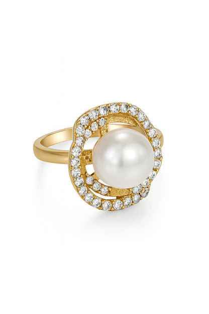 Jewello trendy gold plated and simmering white stone and pearl stud chain pendant set for women and girls.