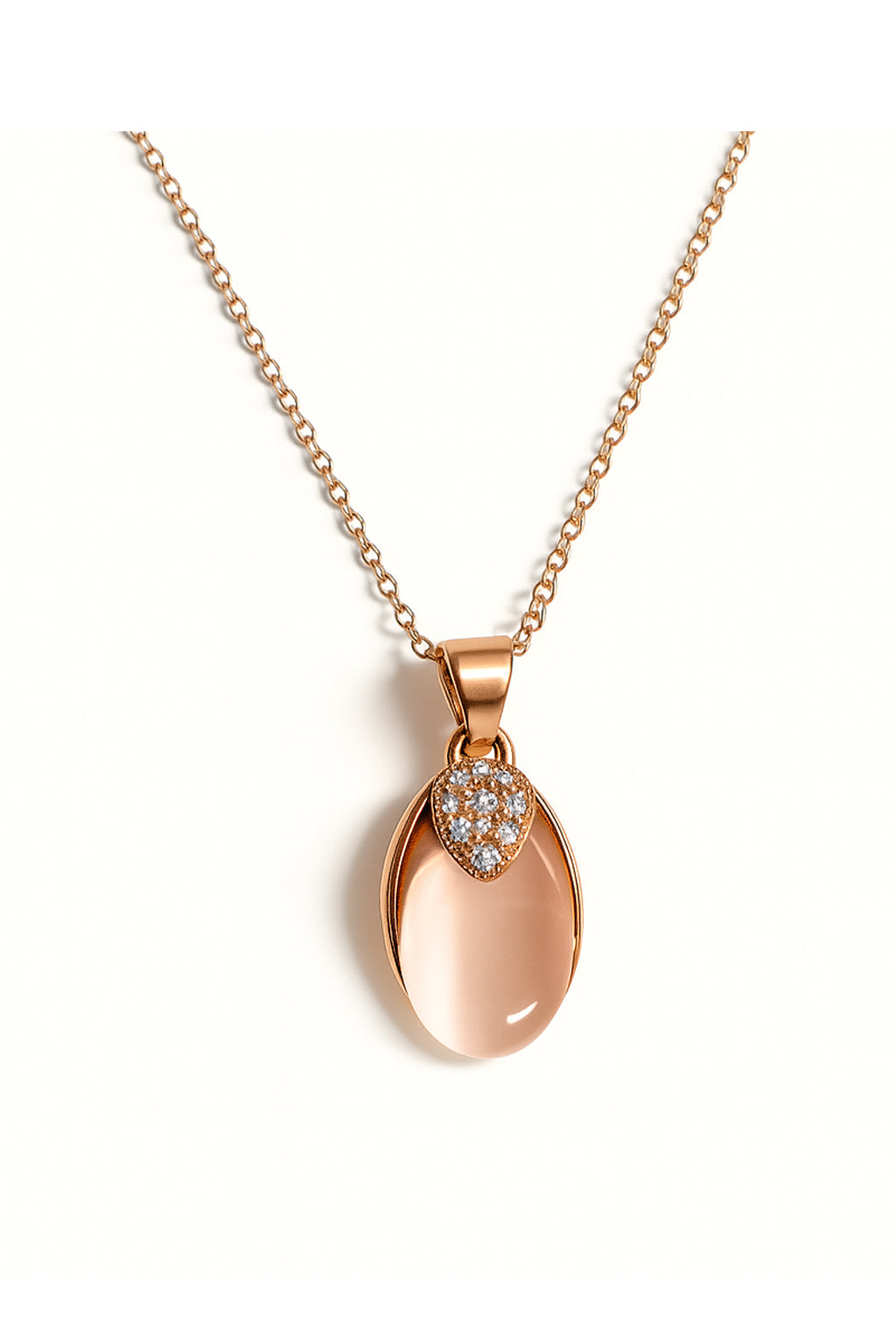 Jewello trendy rose gold plated oval shape design with light white stone stud pendant chain set for women and girls.