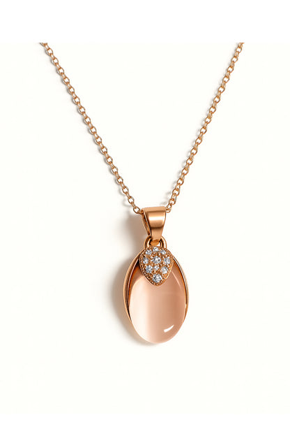 Jewello trendy rose gold plated oval shape design with light white stone stud pendant chain set for women and girls.
