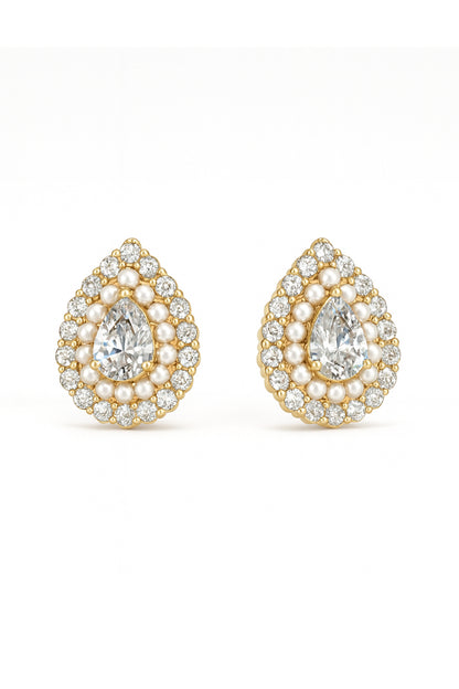 Jewello Adorable gold-plated drop shape with shimmering stone and pearl stud chain pendant, earring and finger ring set for women and girls.