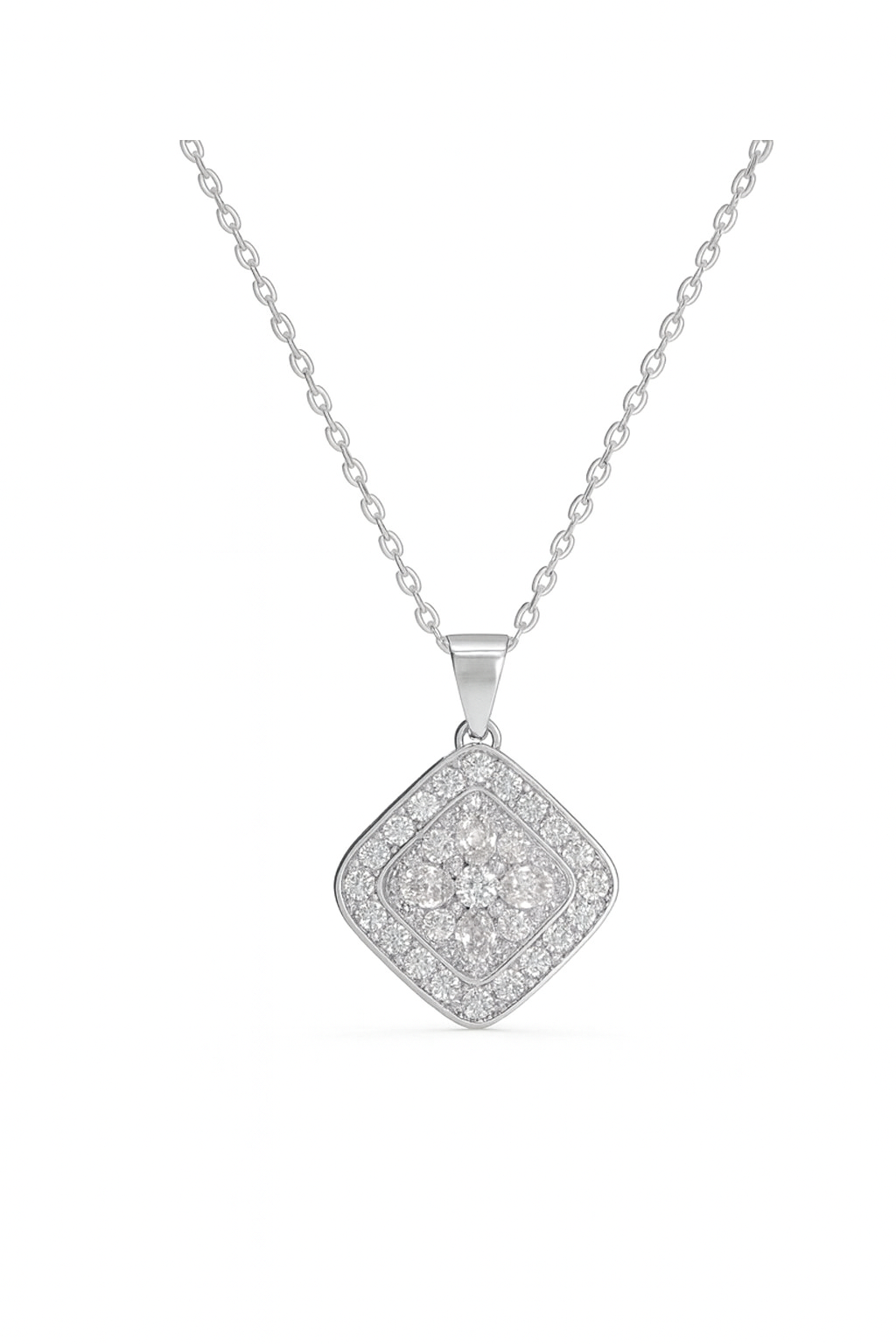 Jewello trendy silver-plated square design with shimmering white stone stud pendant chain set for women and girls.