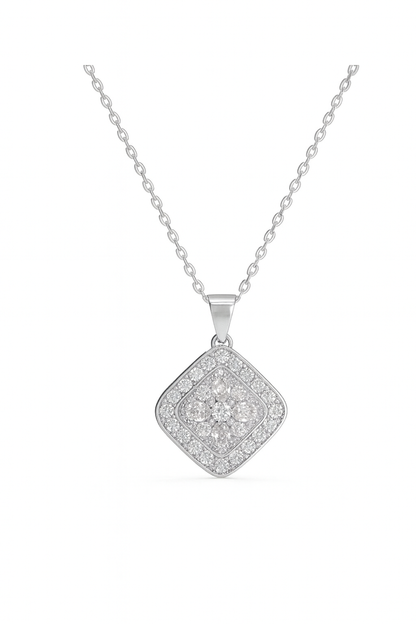 Jewello trendy silver-plated square design with shimmering white stone stud pendant chain set for women and girls.