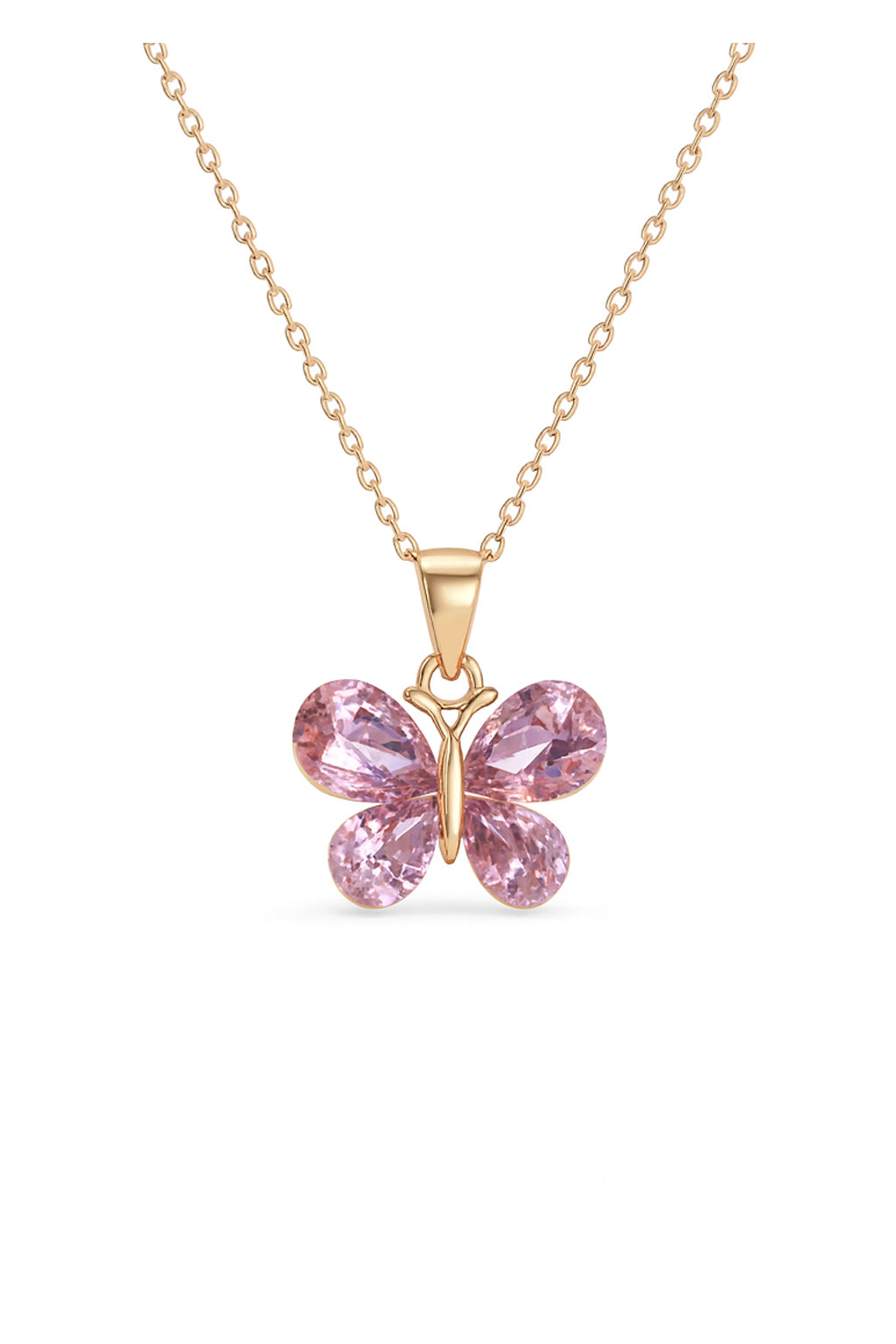 Jewello Adorable gold-plated butterfly design with shimmering pink stone stud chain pendant set for women and girls.