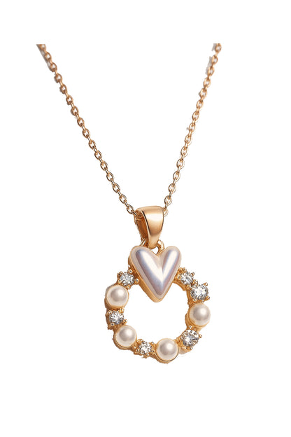 Jewello delicate gold-plated round shape design with heart shape pearl and stone stud chain pendant set for women and girls.