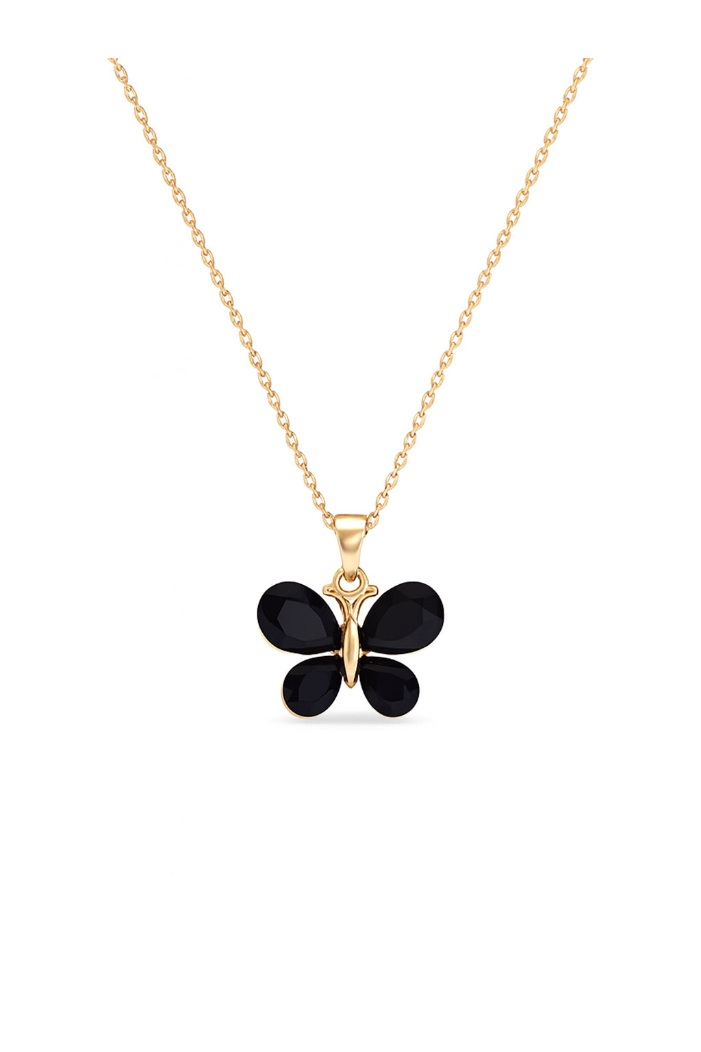 Jewello Amazing gold plated with butterfly design and black stone stud chain pendant set for women and girls.