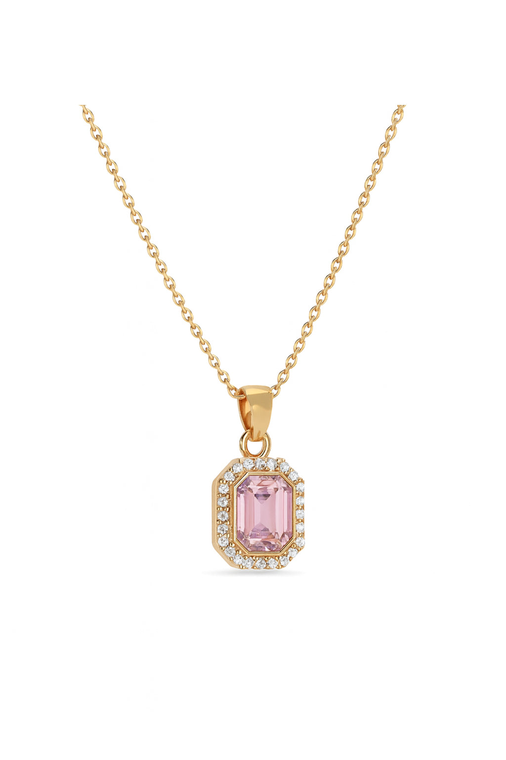 Jewello's Adorable gold plated and shimmering pink stone stud chain pendant, earring, finger ring set for women and girls.