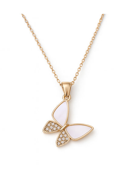 Jewello gorgeous gold-plated butterfly design with pink and shimmering white stone stud chain pendant, set for women and girls.