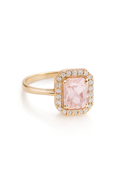 Jewello's Adorable gold plated and shimmering pink stone stud chain pendant, earring, finger ring set for women and girls.