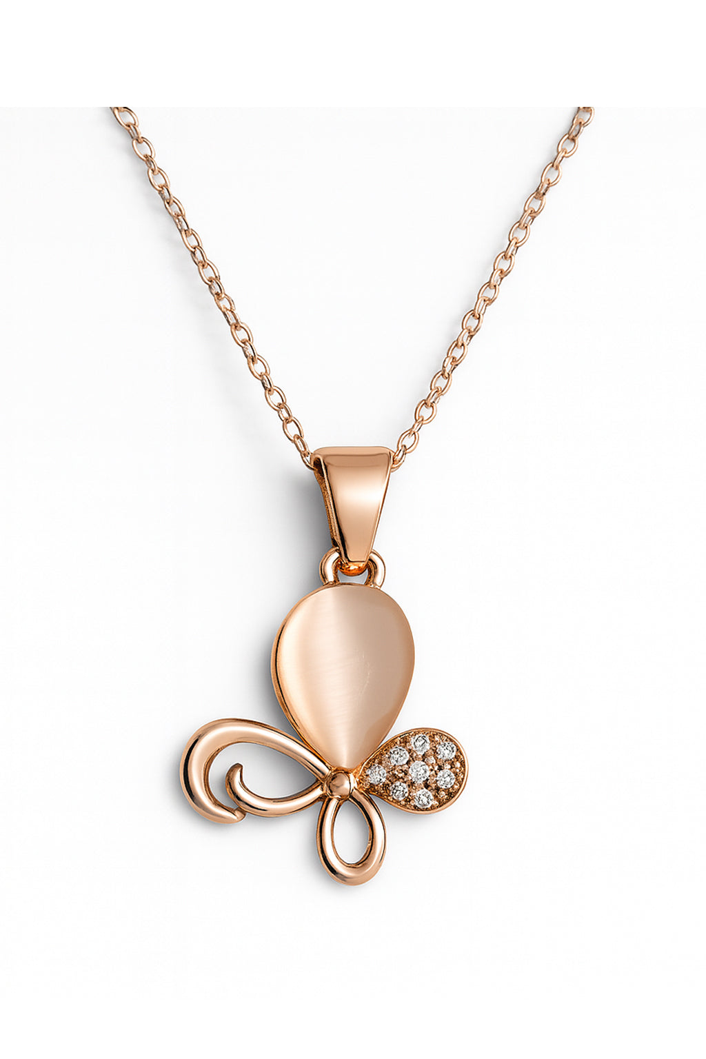 Jewello trendy rose gold plated floral design with white stone stud chain pendant set for women and girls.