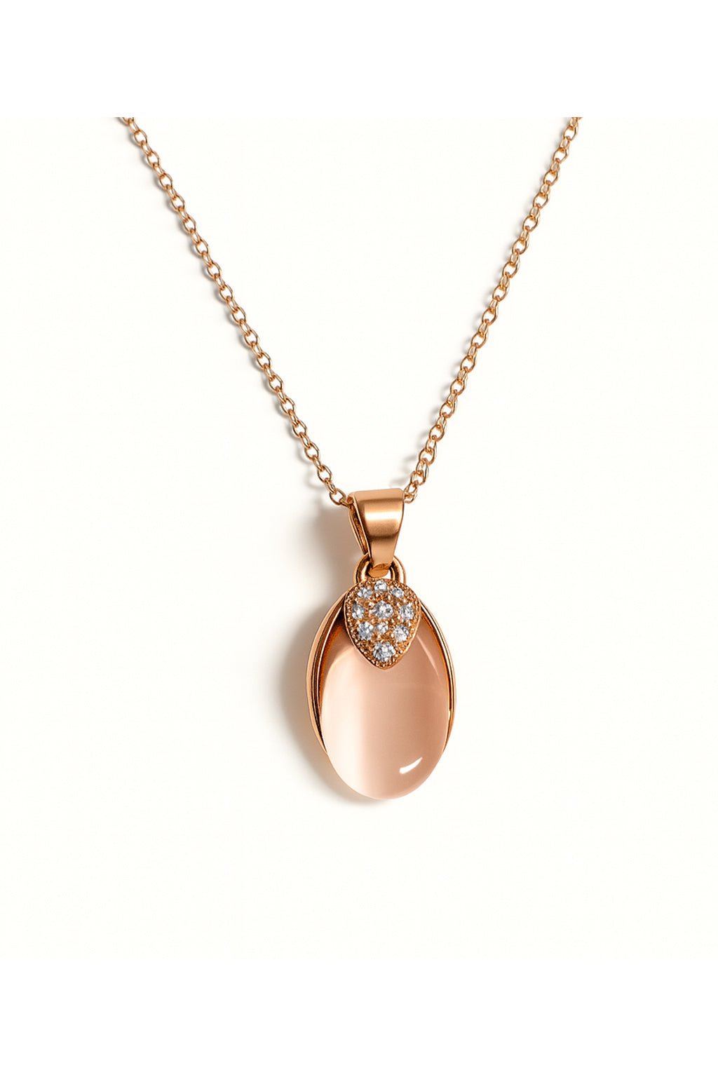 Jewello fancy rose gold plated oval shape design with American diamond stud chain pendant set for women and girls.