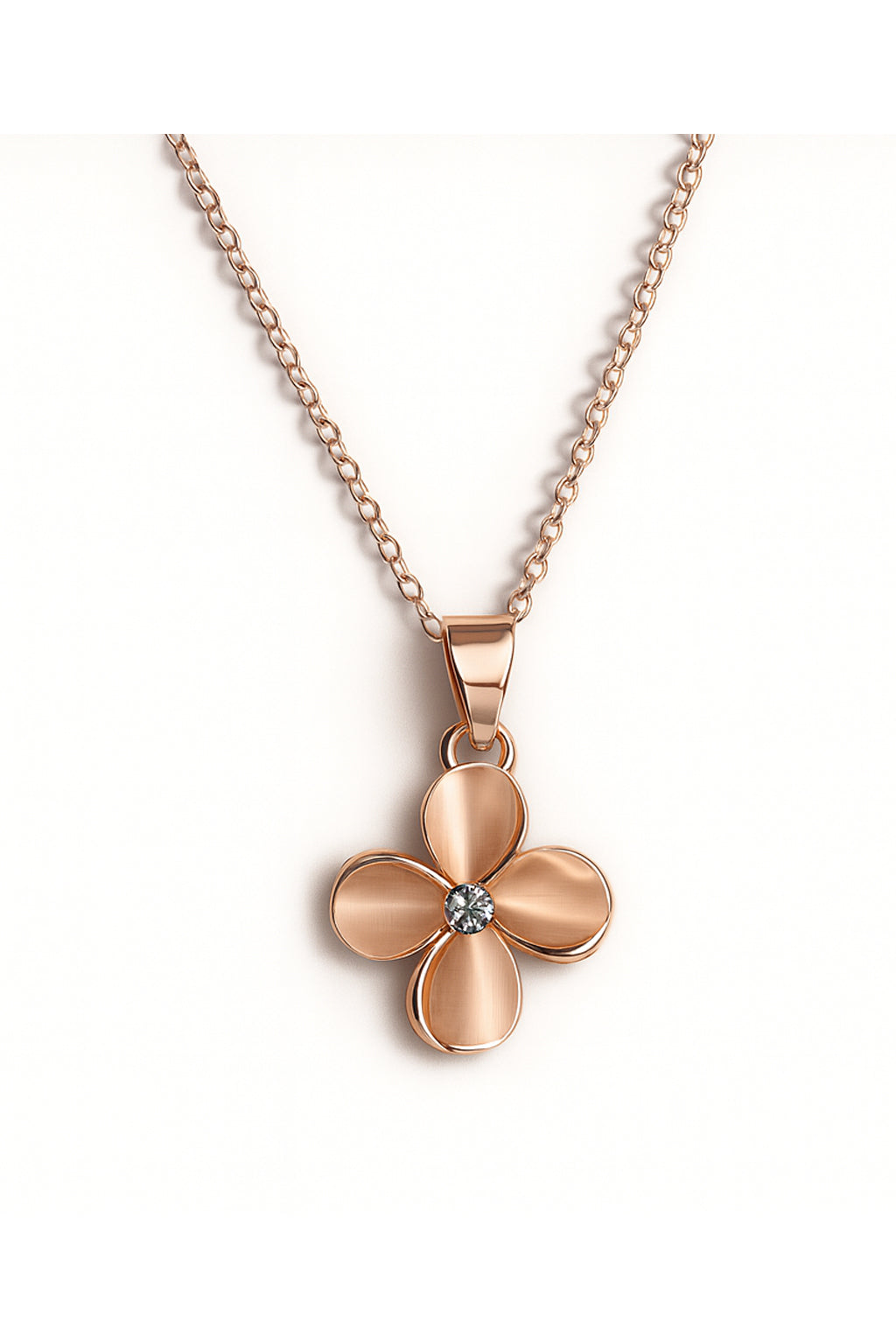 Jewello fashionable rose gold plated floral design with light white stone stud chain pendant set for women and girls.