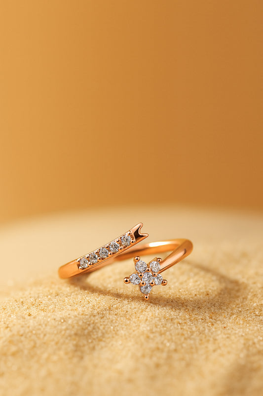 Jewello sizzling gold plated floral design with a studded American diamond Adjustable finger ring for women and girls.