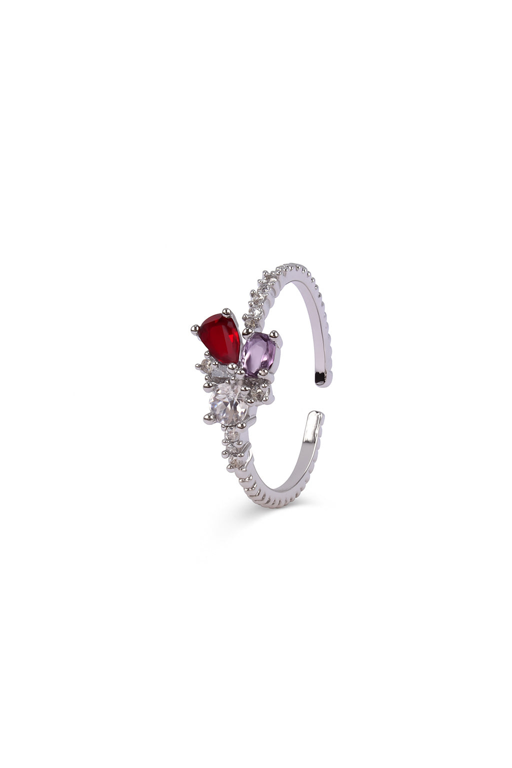 Jewello fascinating silver plated and studded red, purple shimmering stone American diamond Adjustable finger ring for women and girls.