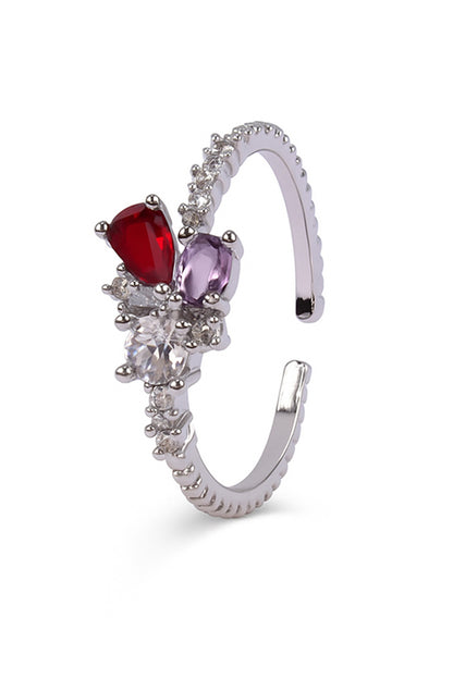 Jewello fascinating silver plated and studded red, purple shimmering stone American diamond Adjustable finger ring for women and girls.