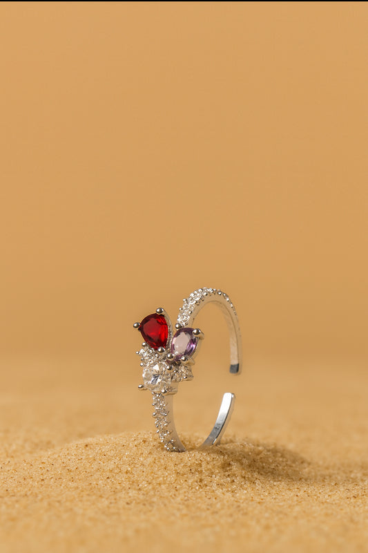 Jewello fascinating silver plated and studded red, purple shimmering stone American diamond Adjustable finger ring for women and girls.