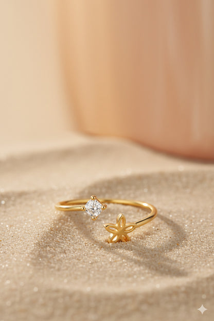 Jewello stylish golden finish floral design and studded American diamond Adjustable finger ring for women and girls.