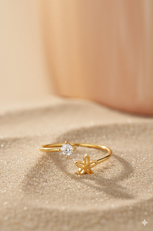 Jewello stylish golden finish floral design and studded American diamond Adjustable finger ring for women and girls.