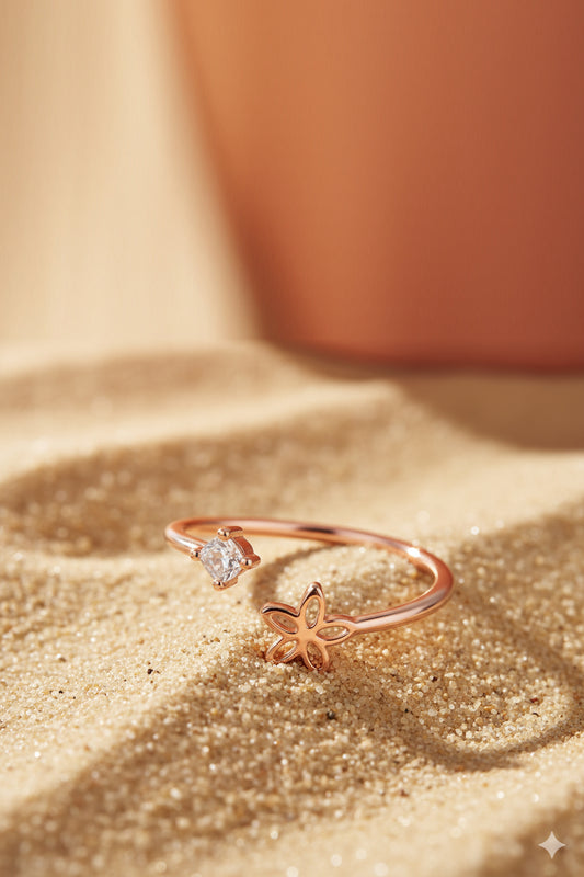 Jewello stylish rose gold plated floral design and studded shimmering white stone Adjustable finger ring women and girls.