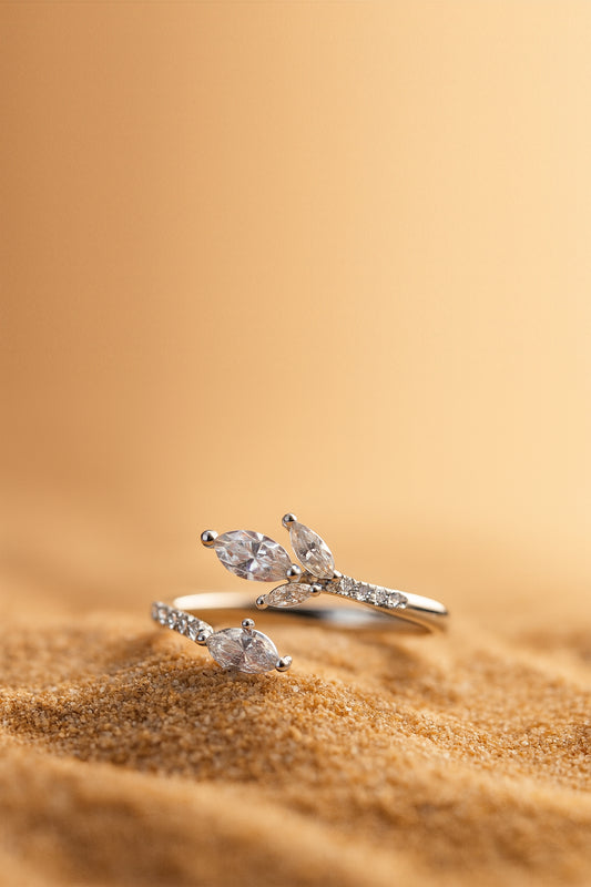 Jewello delicate and stylish silver-plated floral design and studded American diamond Adjustable finger ring for women and girls.