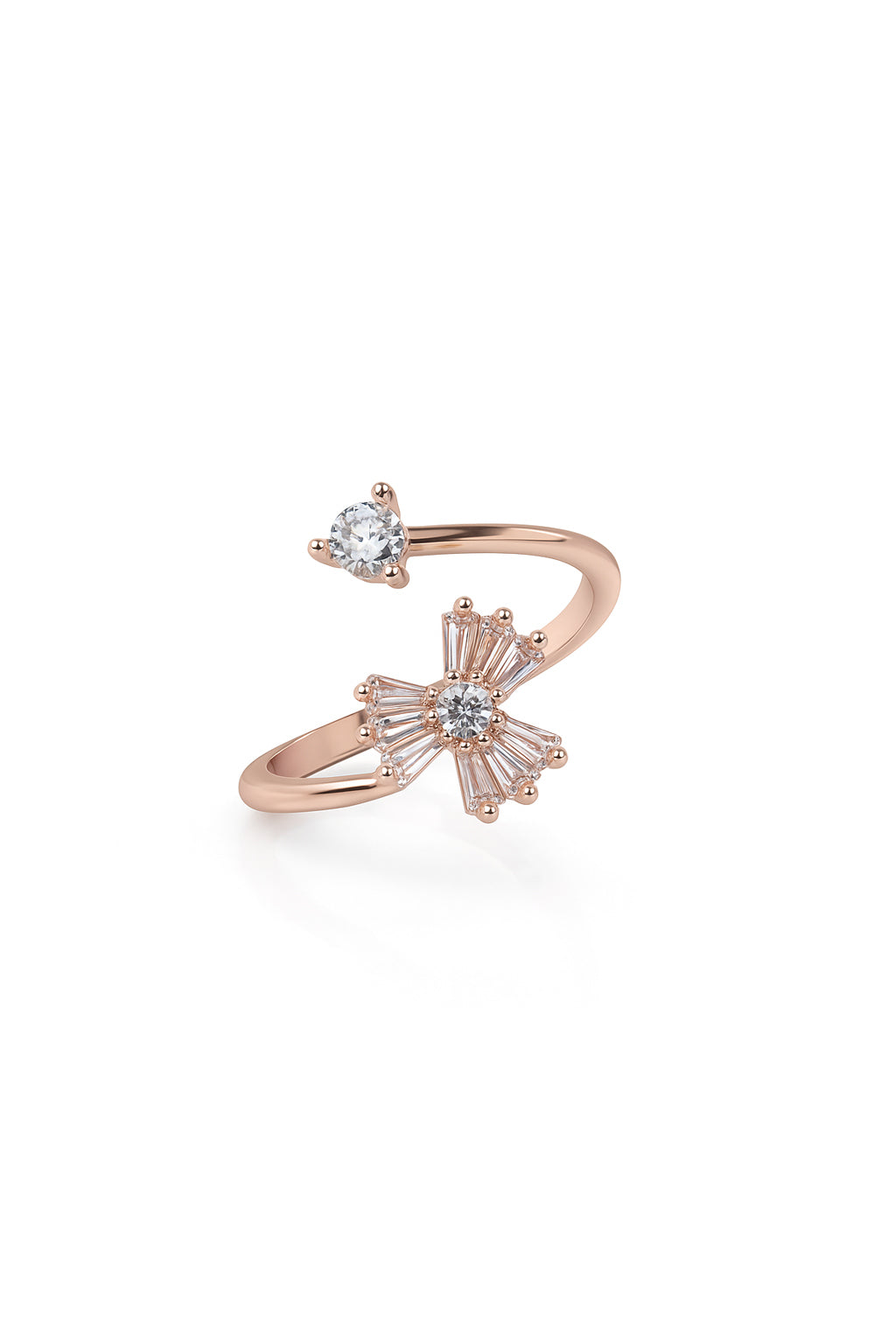 Jewello delightful rose gold-plated floral design studded shimmering white stone Adjustable finger ring for women and girls.