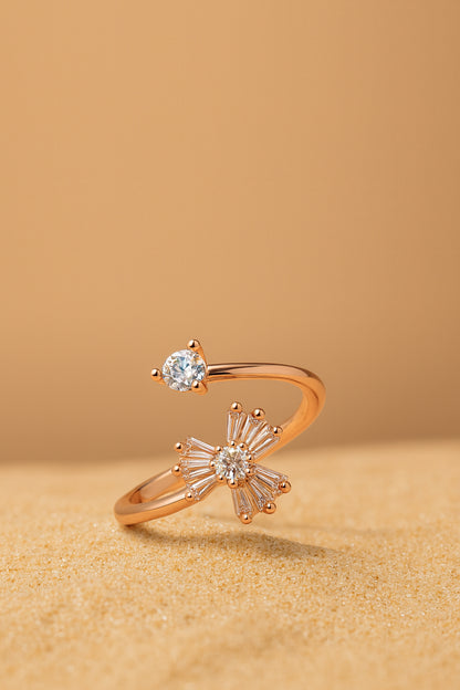 Jewello delightful rose gold-plated floral design studded shimmering white stone Adjustable finger ring for women and girls.