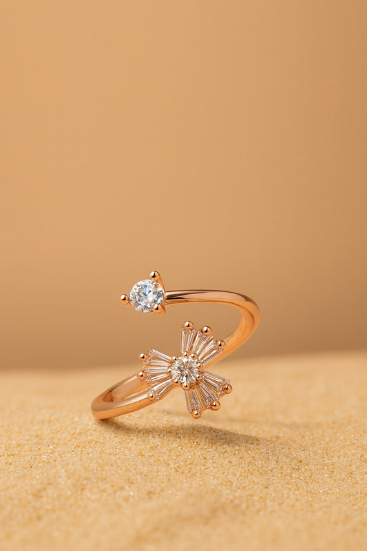 Jewello delightful rose gold-plated floral design studded shimmering white stone Adjustable finger ring for women and girls.