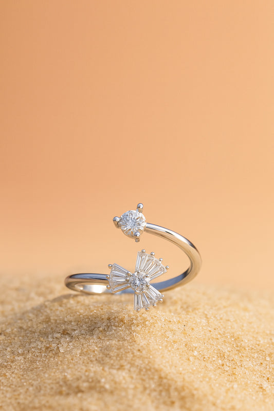 Jewello graceful silver-plated floral design and studded shimmering white stone Adjustable finger ring for women and girls.
