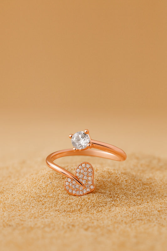 Jewello charming rose gold plated heart shape design and studded American diamond Adjustable finger ring for women and girls.