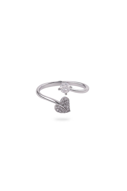 Jewello trendy silver-plated heart shape design and studded shimmering American diamond Adjustable finger ring for women and girls.