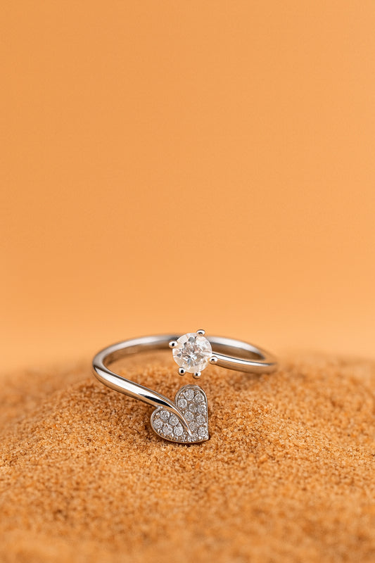 Jewello trendy silver-plated heart shape design and studded shimmering American diamond Adjustable finger ring for women and girls.