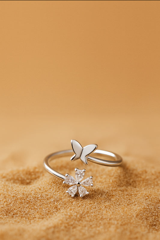 Jewello stunning silver-plated floral design and studded shimmering white diamond Adjustable finger ring for women and girls.