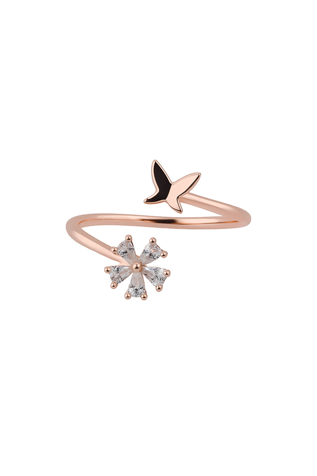 Jewello gracefully rose gold plated floral design and studded shimmering white diamond Adjustable finger ring for women and girls.