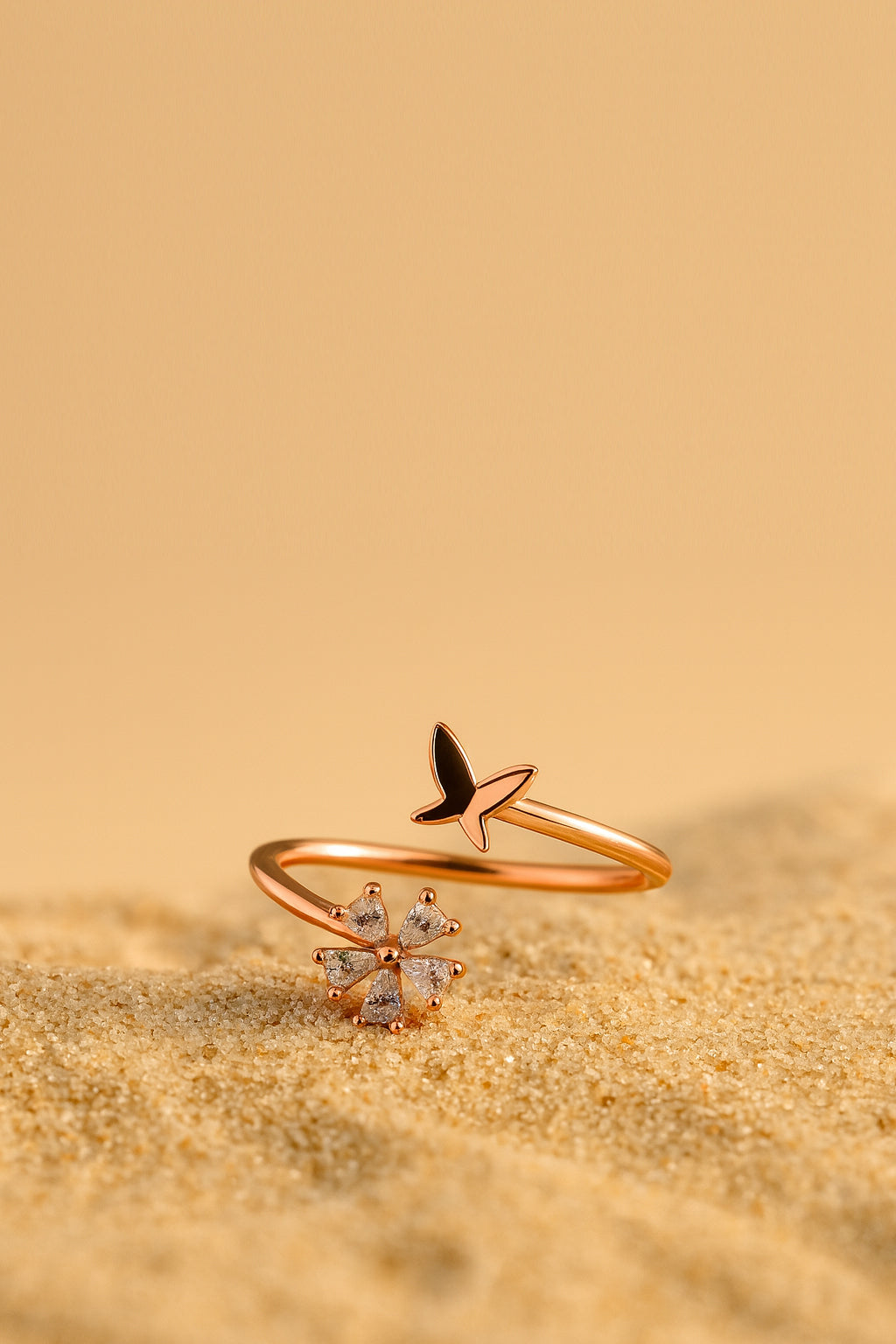 Jewello gracefully rose gold plated floral design and studded shimmering white diamond Adjustable finger ring for women and girls.