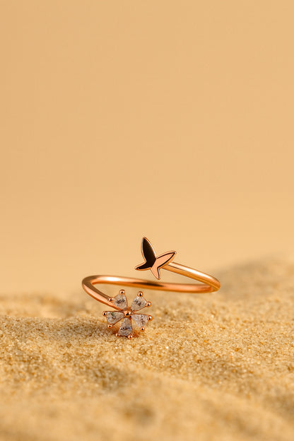 Jewello gracefully rose gold plated floral design and studded shimmering white diamond Adjustable finger ring for women and girls.