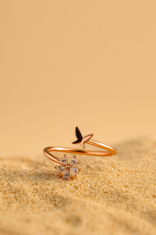 Jewello gracefully rose gold plated floral design and studded shimmering white diamond Adjustable finger ring for women and girls.