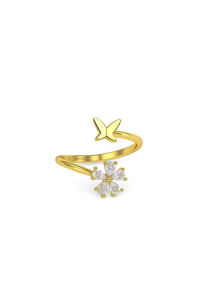 Jewello glorious gold-plated floral design and studded shimmering white diamond Adjustable finger ring for women and girls.