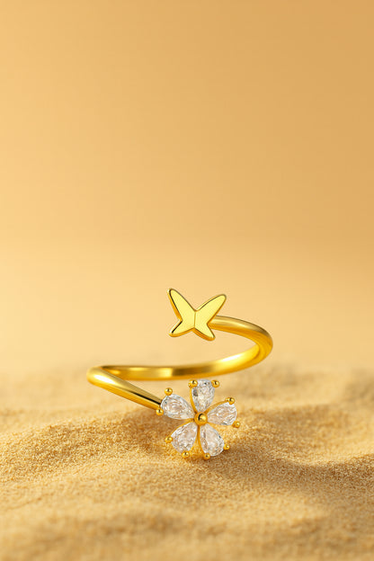 Jewello glorious gold-plated floral design and studded shimmering white diamond Adjustable finger ring for women and girls.