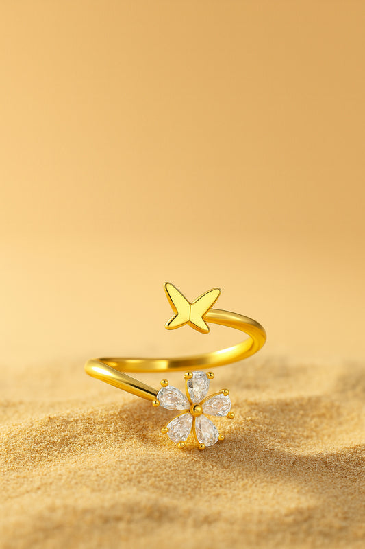 Jewello glorious gold-plated floral design and studded shimmering white diamond Adjustable finger ring for women and girls.