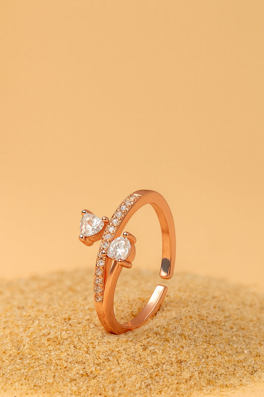 Jewello alluring rose gold plated and studded shimmering white stone with an American diamond Adjustable finger ring for women and girls.
