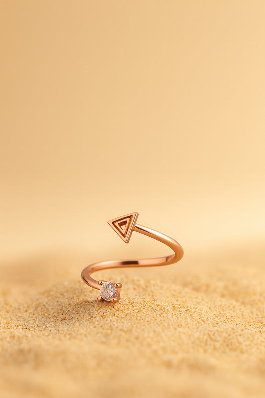 Jewello delicate and trendy rose gold plated Tringale design and studded shimmering white American diamond Adjustable finger ring for women and girls.