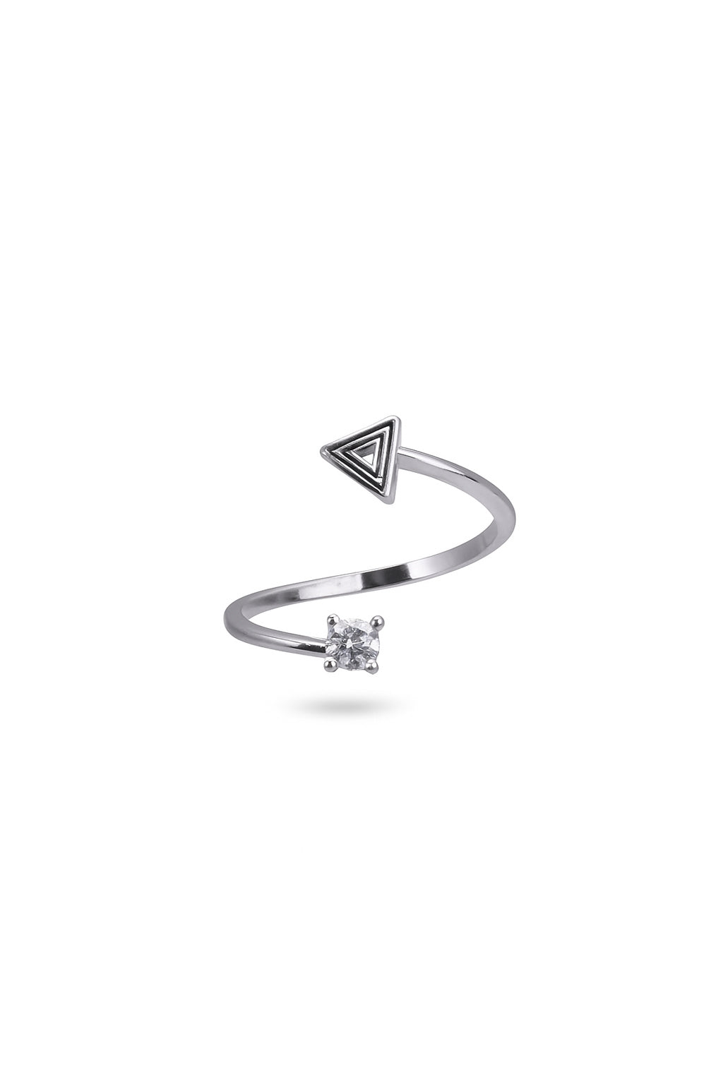 Jewello glossy silver-plated Tringale design and studded shimmering white American diamond Adjustable finger ring for women and girls.